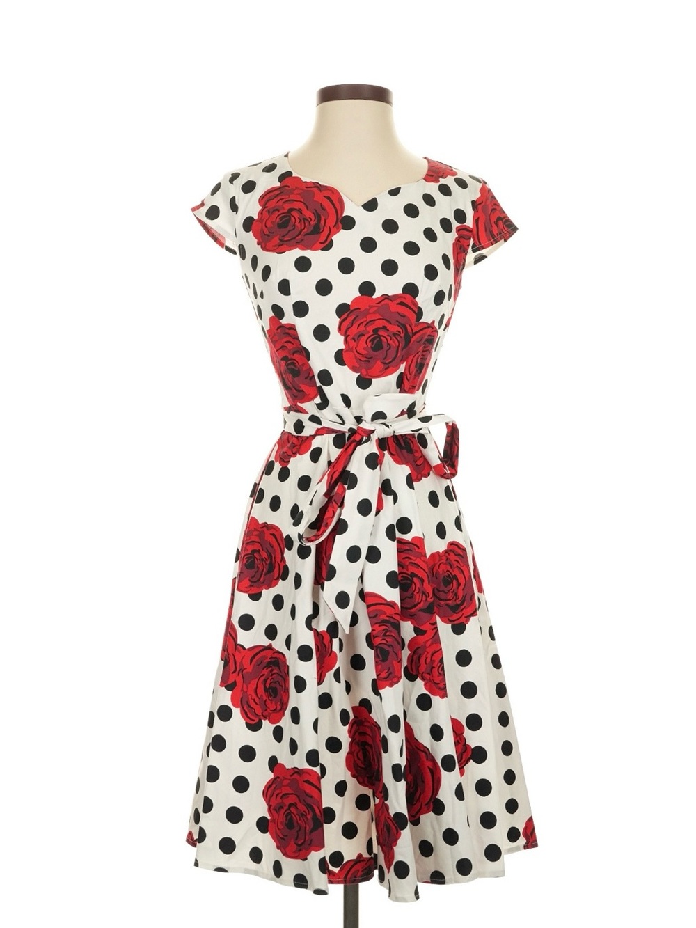 White Midi Dress with Black Polka Dots and Red Rose Print